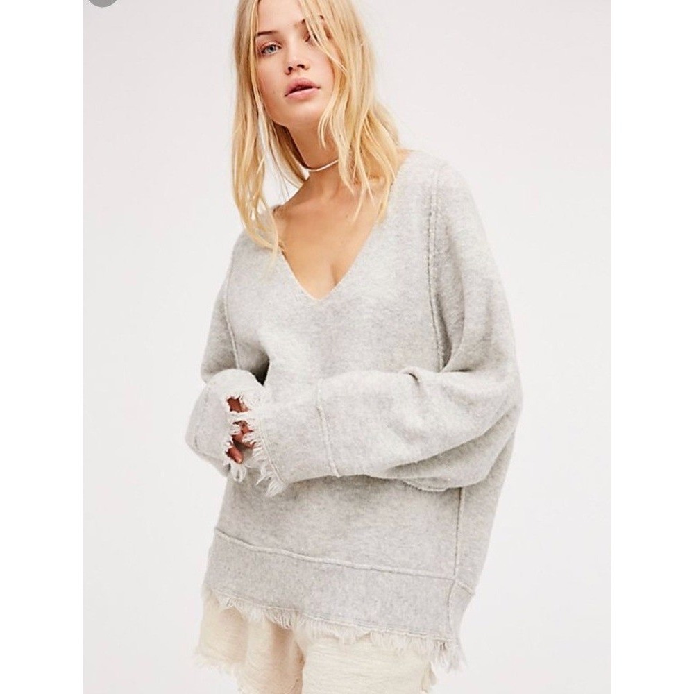 Free People Irresistible Fringe V-Neck Oversized Wool Blend Sweater Gray Large